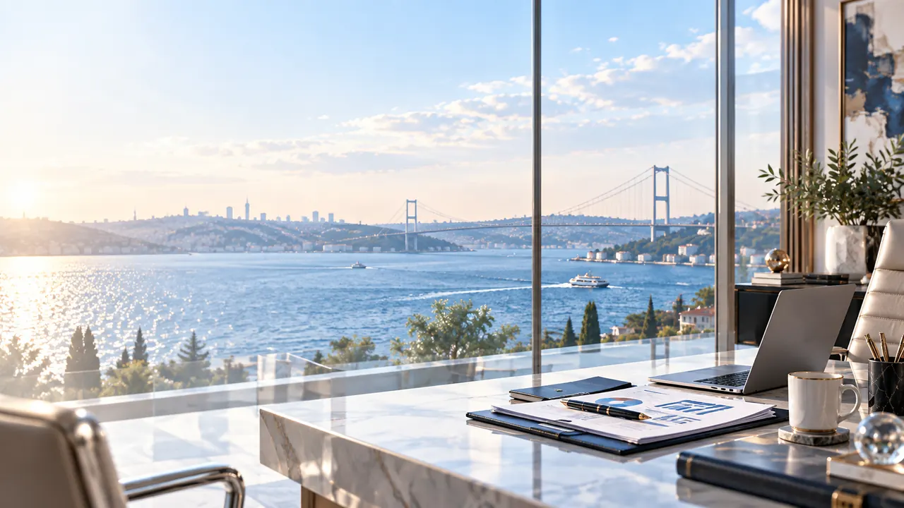 Boğaz ve Boğaziçi Köprüsü manzaralı ofis çalışma masasında mali raporlar