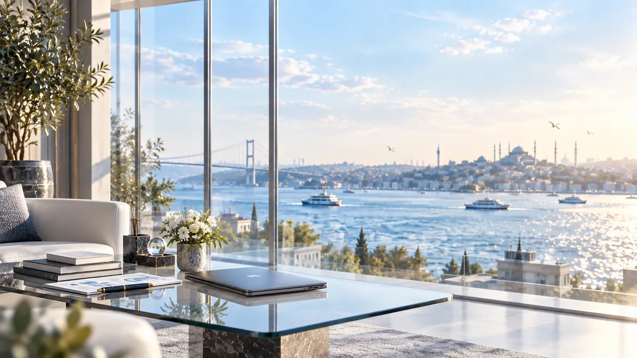 İstanbul silüeti ve Boğaz manzarasına bakan ofis oturma alanı